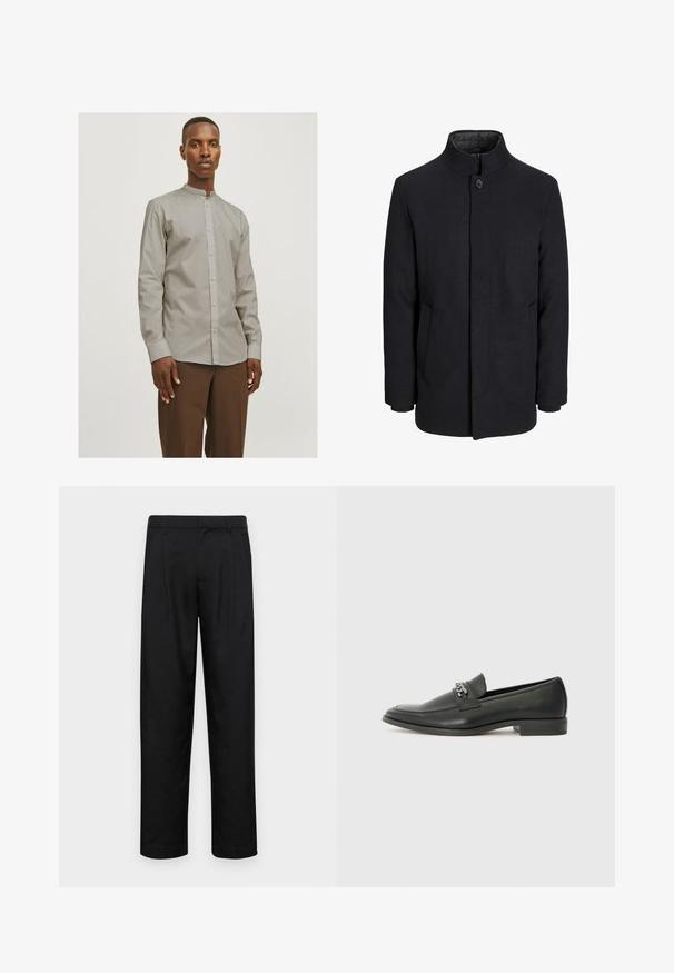 Vīriešu melns vilnas mētelis ar augstu apkakli, slēptu rāvējslēdžu, vienu pogu aizdari un sānu kabatām.; Jack & Jones JJJOE SHIRT PLAIN MAO - Krekls - pure cashmere; Melnas bikses, izgatavotas no gludas auduma, ar taisnu kāju dizainu, divām priekšējām krokām un standarta jostu, kurai ir āķi.; Melna ādas loafer izmēra apavi ar gludu virsmu, piedāvā ar šūtu dizainu un dekoratīvu metāla ķēdes akcentu pār vampu. Plakana papēža daļa.