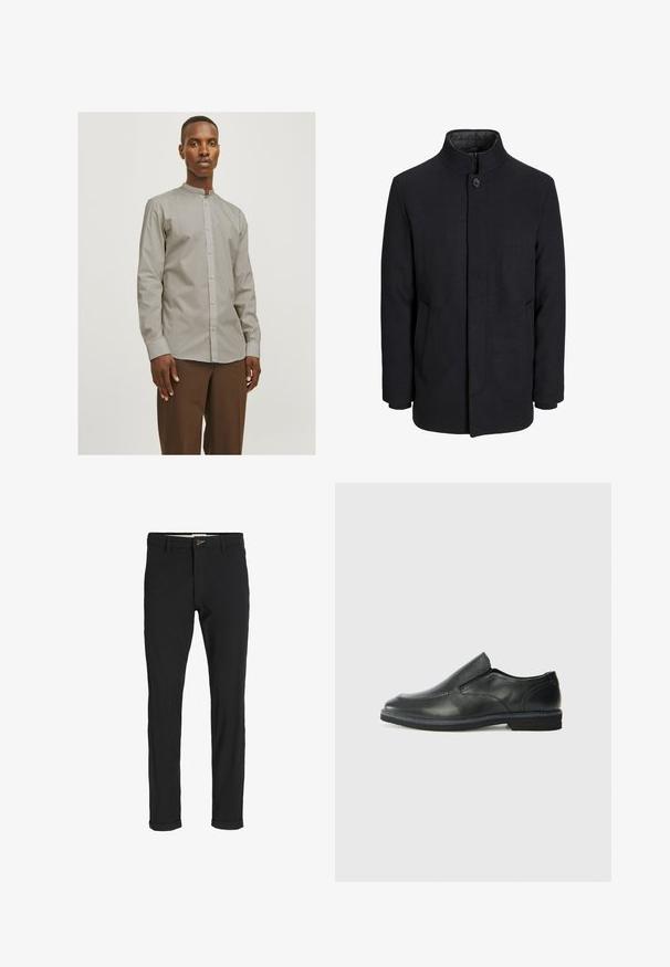 Palton negru din lână pentru bărbați, cu guler înalt, fermoar ascuns, închidere cu un singur buton și buzunare laterale.; Jack & Jones JJJOE SHIRT PLAIN MAO - Cămașă - pure cashmere; Pantaloni negri din bumbac cu un croi slim, având închidere cu nasture, buzunare și manșete răsturnate pentru un aspect casual.; Pantof de piele neagră, tip slip-on, cu un superior neted, accente cusute, vârf rotunjit și un toc jos din cauciuc. Talpa are un profil minim de aderență.