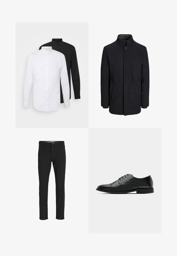 Palton negru din lână pentru bărbați, cu guler înalt, fermoar ascuns, închidere cu un singur buton și buzunare laterale.; Două cămăși cu mânecă lungă, una albă și una neagră, cu un guler ascuțit și închidere cu nasturi, realizate dintr-un material neted.; Pantaloni negri din bumbac cu un croi slim, având închidere cu nasture, buzunare și manșete răsturnate pentru un aspect casual.; Pantofii negri din piele, cu vârful rotunjit, design cu șireturi, detalii de cusătură subtile și toc joasă. Textura netedă cu un finisaj lustruit.