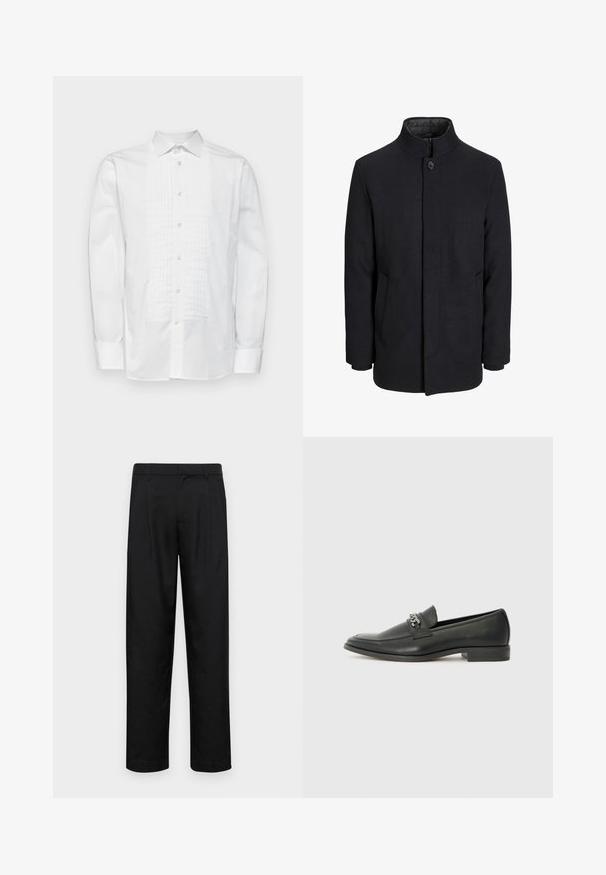 Muški crni vuneni kaput s visokim ovratnikom, skrivenim patentnim zatvaračem, jednim gumbom za zatvaranje i bočnim džepovima.; Selected Homme SLHSLIM ANTON CLASSIC - Svečana košulja - bright white; Crne hlače od glatkog materijala, s dizajnom ravnih nogavica, dva prednja nabora i standardnim pojasom s petljama za remen.; Crna kožna loafer cipela s glatkom finišem, s ušivenim uzorkom i dekorativnim metalnim lancem preko prednjeg dijela. Ravni potplat.