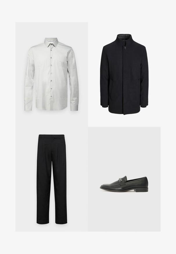 Zwart wollen mannenjas met hoge kraag, verborgen rits, sluiting met één knop en zijzakken.; Lichtgrijs langemouwen overhemd van soepel stof met een button-down kraag, knopen aan de voorkant en een subtiele logo-embroidering op de borst.; Zwarte broeken van gladde stof, met een recht model, twee voorknikken en een standaard tailleband met riemlussen.; Zwarte leren instapper met een gladde afwerking, voorzien van een gestikt ontwerp en een decoratieve metalen kettingaccent over de wreef. Platte hak.
