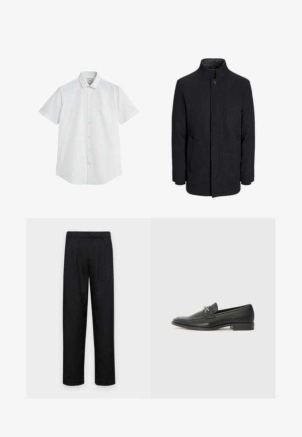 Meeste must villane mantel kõrge kraega, peidetud tõmblukk, ühe nööbiga kinnitamine ja küljetaskud.; Lühikeste varrukatega valge särk, mis on valmistatud puuvillase seguga, millel on terav krae, seitse nööpi ja rinnaesine tasku. Siledat tekstuuri ja klassikaline lõige.; Mustad mustadest riietest, millel on sirge jalgade disain, kaks eesmist voltimist ja tavaline vöökoht, millel on vöökohad.; Must haveate nahkking punased, millel on sile viimistlus, tikitud muster ja dekoratiivne metallkett vampi üle. Tasane konts.