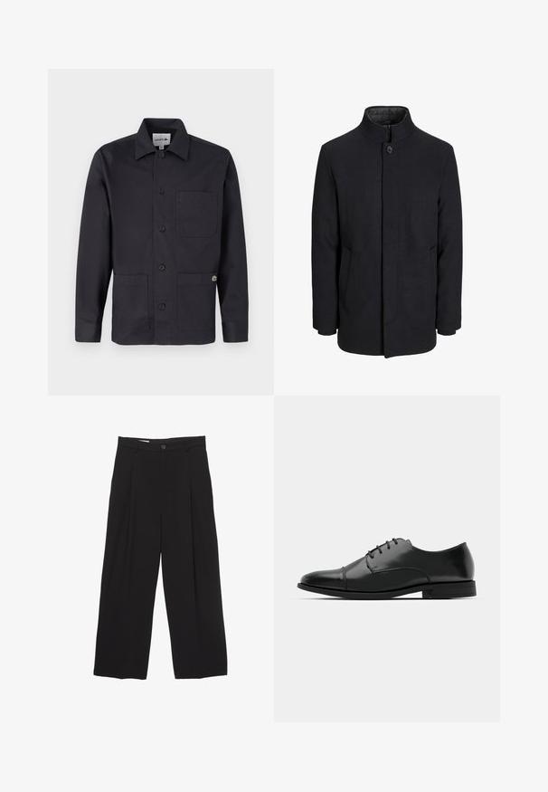 Miestenský čierny vlnený kabát s vysokým golierom, skrytým zipsom, jedným gombíkom na zapínanie a bočnými vreckami.; Musta puuvillainen napillinen takki, jossa on kaulus, kaksi etutaskua ja pieni logodetail oikeassa taskussa. Minimalistinen muotoilu.; Mustat väljät housut, jotka on valmistettu sileästä kankaasta ja joissa on litteä vyötärö, etupleaatit ja yksi nappisulku.; Musta nahkakengät, joissa on pyöristetty varvas, nauhakiinnitys, hienovaraiset ompeluyksityiskohdat ja matala korko. Sujuva pinta kiillotetulla viimeistelyllä.