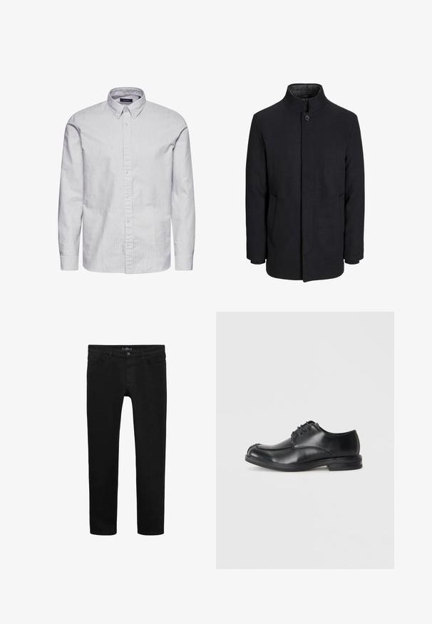 Zwart wollen mannenjas met hoge kraag, verborgen rits, sluiting met één knop en zijzakken.; Matinique TROSTOL - Overhemd - morel; Zwarte spijkerbroek van denim met een slim fit ontwerp, voorzien van een sluiting met een knop aan de voorkant, vijf zakken en een gladde textuur.; Zwarte leren veterschoenen met een ronde neus, een gladde textuur en een lage hak. Kenmerkt zich door stiksel details langs de bovenkant en zijkanten.