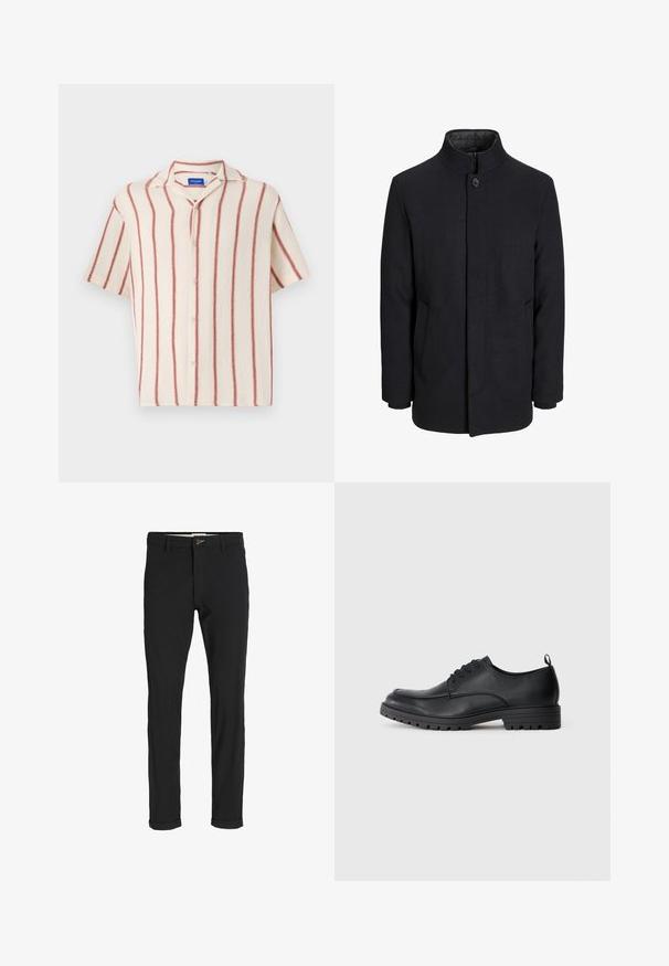 Men's black wool coat with high collar, concealed zipper, single button closure, and side pockets.; Short-sleeve button-up shirt in cream material with red vertical stripes, featuring a notched collar and front button closure.; Black cotton blend pants with a slim fit, featuring a button closure, pockets, and rolled cuffs for a casual finish.; Black leather dress shoe with a smooth texture, rounded toe, lace-up front, and sturdy rubber sole featuring a treaded pattern.