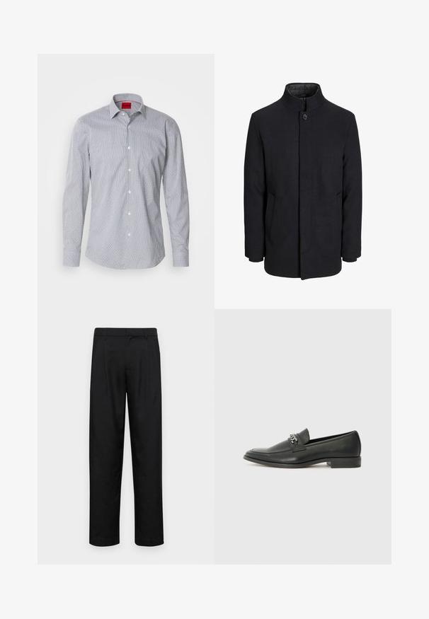 Moška črna volnena jakna z višjim ovratnikom, skritim zadrgo, enojnim gumbom za zapiranje in stranskimi žepi.; Lahka srajca z dolgimi rokavi z belim in mornarsko modrim geometričnim vzorcem, ovratnik s gumbi in rdeča nalepka z logotipom na vratu.; Črne hlače iz gladkega materiala, s krojem ravne noge, dvema sprednjima pregiboma in standardnim pasom z zankami za pas.; Črni usnjeni loafer z gladko površino, ki ima šivano zasnovo in dekorativni kovinski verižni naglas preko vampirja. Ravno peto.