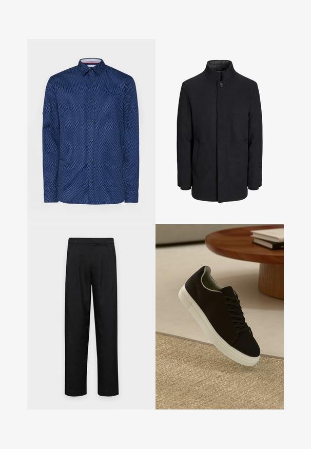 Zwart wollen mannenjas met hoge kraag, verborgen rits, sluiting met één knop en zijzakken.; Navyblauwe shirt met witte stippen, lange mouwen, knoopsluiting aan de voorkant, één borstzak en contrasterende details aan de binnenkant van de kraag.; Zwarte broeken van gladde stof, met een recht model, twee voorknikken en een standaard tailleband met riemlussen.; Zwarte sneaker met witte zool die boven een beige gestructureerd tapijt zweeft, nabij een ronde houten tafel met gestapelde boeken.