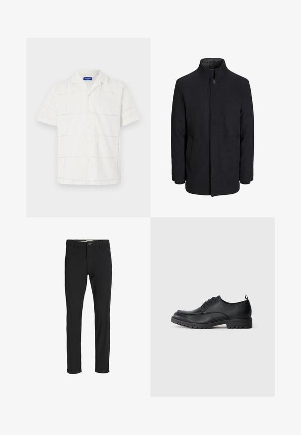 Herre sort uldfrakke med høj krave, skjult lynlås, enkelt knaplukning og sidelommer.; Kortærmet hvid skjorte lavet af stof med et struktureret gittermønster. Har krave og knaplukning foran med diskrete syninger.; Sorte bomuldsblandede bukser med slim fit, der har en knaplukning, lommer og opbrugte stumper for et afslappet udtryk.; Sorte læderdressko med en glat overflade, rund tå, snørebånd foran og en robust gummisål med et mønsteret slidbane.