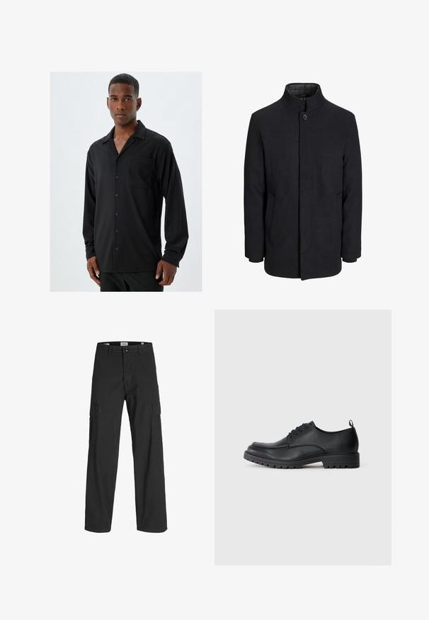 Męski czarny wełniany płaszcz z wysokim kołnierzem, ukrytym zamek błyskawicznym, zapięciem na jeden guzik oraz bocznymi kieszeniami.; Czarna koszula z długim rękawem, z kołnierzykiem wykładanym, przednią kieszenią i zapięciem na guziki; gładki materiał z delikatną fakturą.; Czarne spodnie cargo o luźnym kroju, wykonane z bawełny. Posiadają dwie boczne kieszenie i zapięcie na guzik, zaprojektowane z myślą o funkcjonalności i komforcie.; Czarne skórzane buty do garnituru o gładkiej teksturze, zaokrąglonym nosku, sznurowanej przodzie i solidnej gumowej podeszwie z bieżnikiem.