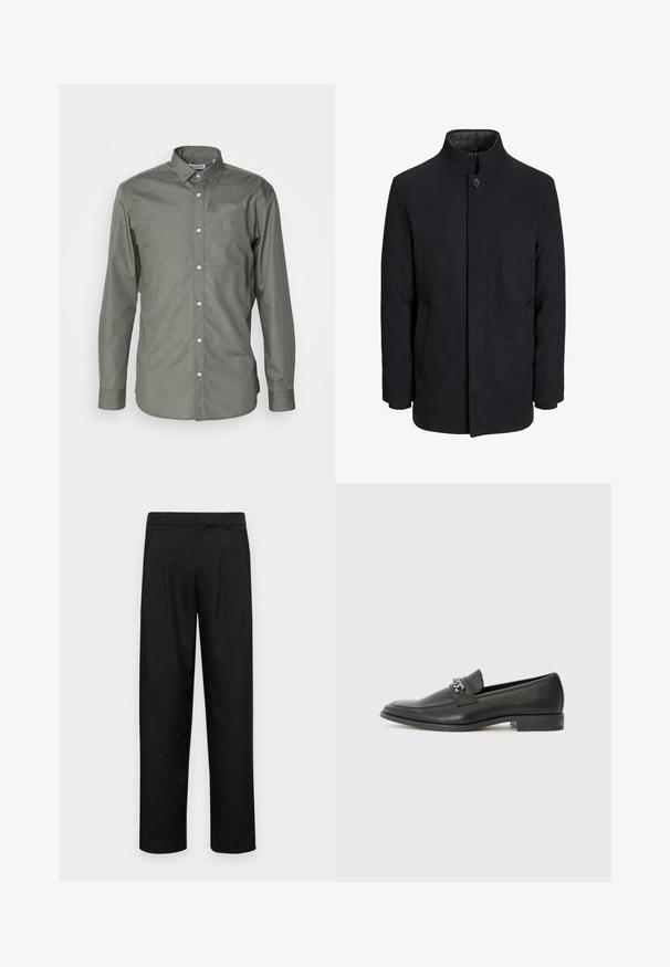 Zwart wollen mannenjas met hoge kraag, verborgen rits, sluiting met één knop en zijzakken.; Heren overhemd met lange mouwen in olijfgroene stof, knoopsluiting aan de voorkant, verspreidde kraag en afgeronde manchetten met subtiele textuur.; Zwarte broeken van gladde stof, met een recht model, twee voorknikken en een standaard tailleband met riemlussen.; Zwarte leren instapper met een gladde afwerking, voorzien van een gestikt ontwerp en een decoratieve metalen kettingaccent over de wreef. Platte hak.