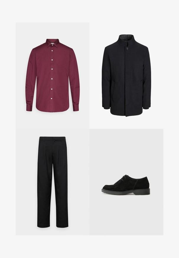 Men's black wool coat with high collar, concealed zipper, single button closure, and side pockets.; Burgundy long-sleeve button-up shirt made of cotton with a classic collar, white buttons, and a curved hem. Smooth texture, tailored fit.; Black trousers made of smooth fabric, featuring a straight-leg design, two front pleats, and standard waistband with belt loops.; Black suede dress shoe with a rounded toe, contrasting stitching, and a rubber sole. Features minimal lacing and a smooth upper design.
