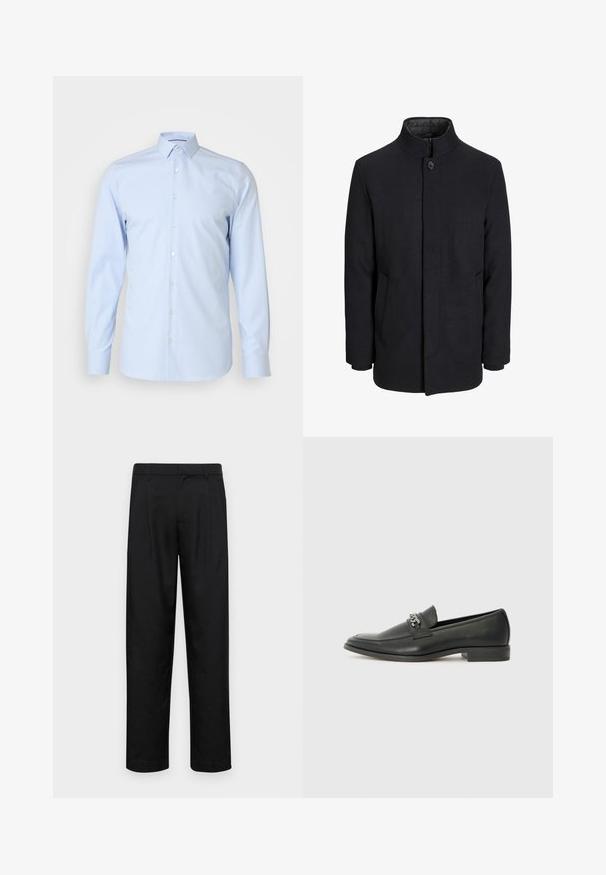 Cappotto da uomo in lana nera con colletto alto, zip nascosta, chiusura a un bottone e tasche laterali.; Camicia azzurra chiara, con maniche lunghe, colletto classico, realizzata in tessuto liscio, con bottoni bianchi sul davanti, design minimale.; Pantaloni neri realizzati in tessuto liscio, caratterizzati da un taglio dritto, due pieghe frontali e una vita standard con passanti per la cintura.; Mocassino in pelle nera con finitura liscia, caratterizzato da un design cucito e da un accento decorativo in catena metallica sul vamp. Tacco piatto.