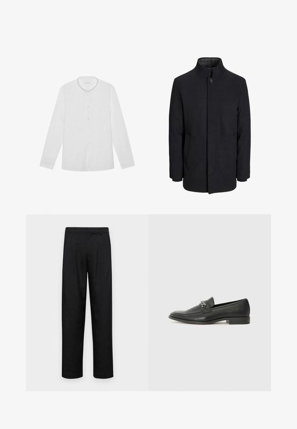 Cappotto da uomo in lana nera con colletto alto, zip nascosta, chiusura a un bottone e tasche laterali.; Camicia bianca a maniche lunghe, con colletto alla cinese e un taschino sul petto, posata piatta su uno sfondo neutro.; Pantaloni neri realizzati in tessuto liscio, caratterizzati da un taglio dritto, due pieghe frontali e una vita standard con passanti per la cintura.; Mocassino in pelle nera con finitura liscia, caratterizzato da un design cucito e da un accento decorativo in catena metallica sul vamp. Tacco piatto.