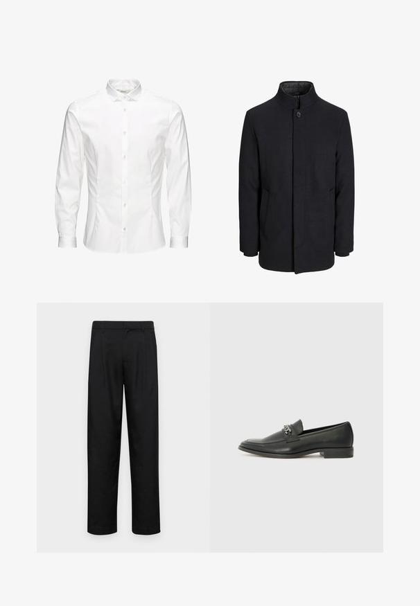 Zwart wollen mannenjas met hoge kraag, verborgen rits, sluiting met één knop en zijzakken.; Witte langesleeve overhemd met knopen, gemaakt van een gladde stof. Kenmerkt zich door een klassieke kraag, voor knopen en manchetten met één knoop. Slim fit ontwerp.; Zwarte broeken van gladde stof, met een recht model, twee voorknikken en een standaard tailleband met riemlussen.; Zwarte leren instapper met een gladde afwerking, voorzien van een gestikt ontwerp en een decoratieve metalen kettingaccent over de wreef. Platte hak.