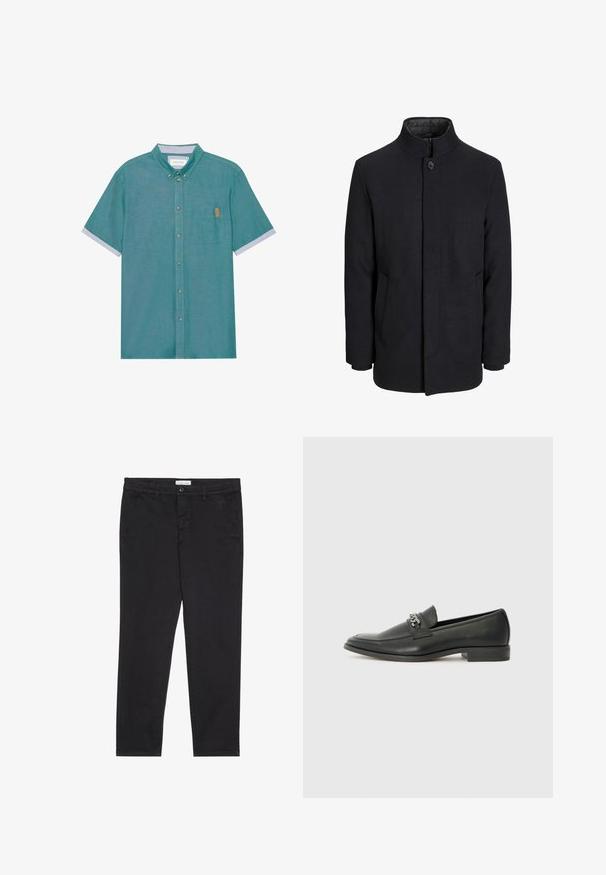 Herre sort uldfrakke med høj krave, skjult lynlås, enkelt knaplukning og sidelommer.; Kortærmet skjorte med knapper i teal stof, med en brystlomme og kontrasterende lysegrå manchetter, der har en subtil tekstur og et brunt mærke.; Sorte bomuldsbukser med slim fit, der har to sidelommer og en knappelukning foran. Tekstureret stof med subtil detaljer.; Sorte læder loafers med en glat finish, der har et syet design og et dekorativt metal kædeaccent hen over vamps. Flad hæl.