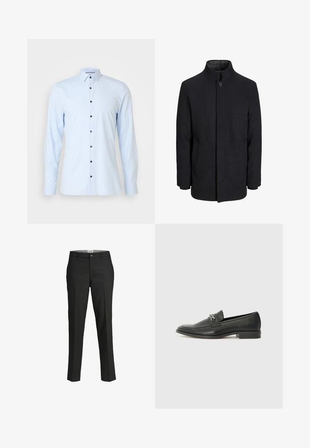 Manteau en laine noir pour homme avec col haut, fermeture éclair dissimulée, fermeture à un bouton et poches latérales.; Chemise à manches longues bleu clair en tissu lisse, avec un col traditionnel et des boutons bleu foncé qui descendent sur le devant.; Pantalon noir, coupe ajustée, tissu lisse, taille mi-haute, fermeture à bouton à l'avant, poches en biais, et détails de pli sur les jambes.; Mocassin en cuir noir avec une finition lisse, présentant un design cousu et une accent décoratif en chaîne métallique sur le rand. Talon plat.