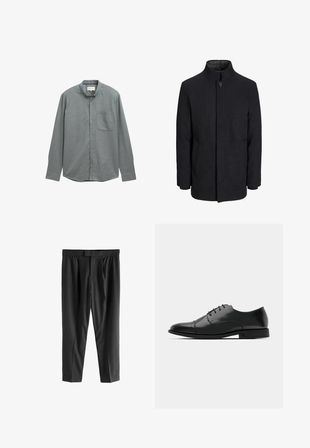 Abrigo de lana negro para hombre con cuello alto, cremallera oculta, cierre de un botón y bolsillos laterales.; Camisa de botones de color gris claro con cuello extendido, mangas largas y un bolsillo en el pecho. Fabricada en un tejido suave y texturizado.; Next REGULAR FIT -CHECK SMART - Pantalones chinos - black; Zapato de vestir de cuero negro con punta redondeada, diseño con cordones, detalles de costura sutiles y un tacón bajo. Textura suave con acabado pulido.