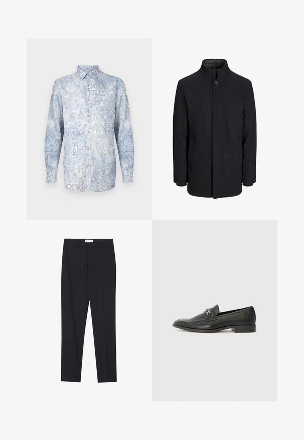 Moška črna volnena jakna z višjim ovratnikom, skritim zadrgo, enojnim gumbom za zapiranje in stranskimi žepi.; Svetlomodra srajca z gumbi, z rožnatimi vzorci, dolgimi rokavi in klasičnim ovratnikom. Iz mehke tkanine z gladko teksturo.; Črne krojene hlače s ravnim sprednjim delom, redne kakovosti, izdelane iz gladkega materiala, z gubanjem in stranskimi žepi.; Črni usnjeni loafer z gladko površino, ki ima šivano zasnovo in dekorativni kovinski verižni naglas preko vampirja. Ravno peto.