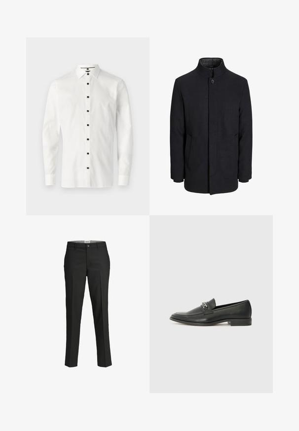 Męski czarny wełniany płaszcz z wysokim kołnierzem, ukrytym zamek błyskawicznym, zapięciem na jeden guzik oraz bocznymi kieszeniami.; Biała koszula z długim rękawem wykonana z gładkiego materiału, z kołnierzykiem zapinanym na guziki i sześcioma czarnymi guzikami z przodu.; Czarne spodnie, dopasowany krój, gładki materiał, średni stan, zapięcie na guzik z przodu, ukośne kieszenie oraz detalowanie wzdłuż nogawki.; Czarne skórzane mokasyny o gładkim wykończeniu, z haftowanym wzorem i dekoracyjnym akcentem z metalowego łańcucha na wierzchu. Płaska pięta.