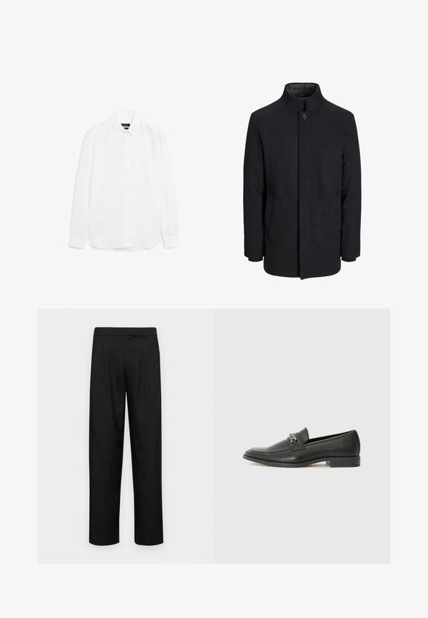 Herren schwarzer Wollmantel mit hohem Kragen, verdecktem Reißverschluss, einreihigem Knopfverschluss und Seitentaschen.; Weißes Langarmhemd aus glattem Stoff, mit button-up Front, spitzem Kragen und abgerundetem Saum mit geknöpften Bündchen.; Schwarze Hose aus glattem Stoff, mit geradem Bein Design, zwei vorderen Falten und einem Standardbund mit Gürtelschlaufen.; Schwarzer Lederloafer mit glatter Oberfläche, ausgestattet mit einer gesteppten Gestaltung und einem dekorativen Metallkettendetail über dem Vorderblatt. Flacher Absatz.