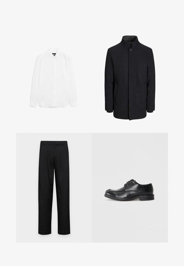 Herren schwarzer Wollmantel mit hohem Kragen, verdecktem Reißverschluss, einreihigem Knopfverschluss und Seitentaschen.; Weißes Langarmhemd aus glattem Stoff, mit button-up Front, spitzem Kragen und abgerundetem Saum mit geknöpften Bündchen.; Schwarze Hose aus glattem Stoff, mit geradem Bein Design, zwei vorderen Falten und einem Standardbund mit Gürtelschlaufen.; Schwarze Leder Schnürschuhe mit runder Zehenpartie, glatter Textur und niedrigem Absatz. Mit steppenden Details entlang der Oberseite und der Seiten.