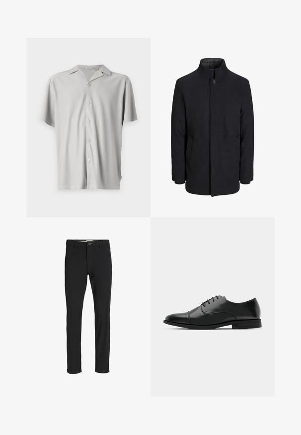 Męski czarny wełniany płaszcz z wysokim kołnierzem, ukrytym zamek błyskawicznym, zapięciem na jeden guzik oraz bocznymi kieszeniami.; Koszula z krótkim rękawem w jasnoszarym kolorze, zapinana na guziki, wykonana z prążkowanej tkaniny, cechująca się luźnym krojem, kołnierzykiem oraz pięcioma metalowymi guzikami z przodu.; Czarne spodnie z bawełnianego materiału w slim fit, z zapięciem na guzik, kieszeniami i podwiniętymi mankietami, co nadaje im swobodny charakter.; Czarne skórzane buty do garnituru z okrągłym noskiem, sznurowanym zapięciem, subtelnymi detalami przeszycia oraz niskim obcasem. Gładka faktura z polerowanym wykończeniem.