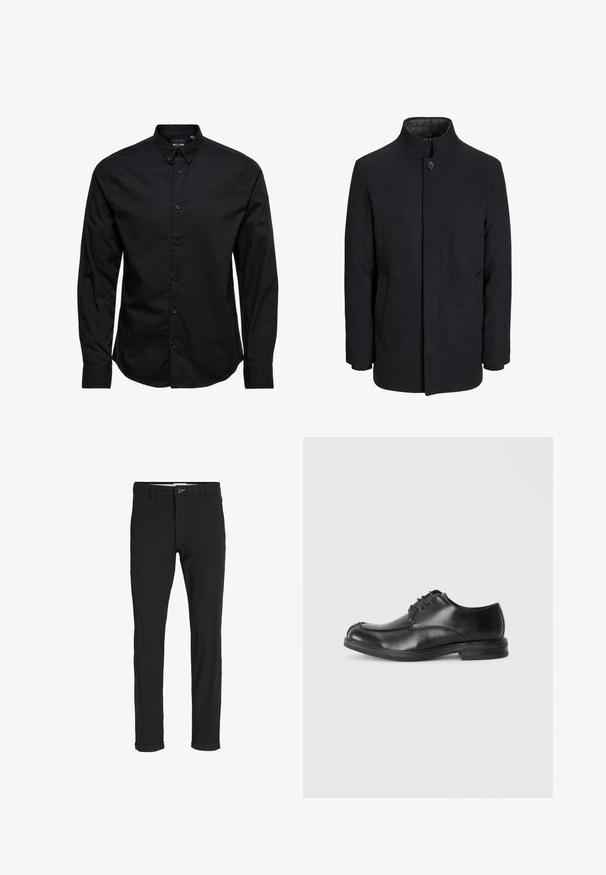 Manteau en laine noir pour homme avec col haut, fermeture éclair dissimulée, fermeture à un bouton et poches latérales.; Chemise noire à manches longues avec des boutons, en coton. Elle est dotée d'un col classique, de boutons sur le devant et d'un ourlet droit sans motifs ni embellissements.; Pantalons noirs en mélange de coton avec une coupe slim, dotés d'une fermeture à bouton, de poches et de revers pour une finition décontractée.; Chaussures en cuir noir à lacets avec un bout arrondi, texture lisse et un petit talon. Présente des détails de couture le long de l'empeigne et des côtés.