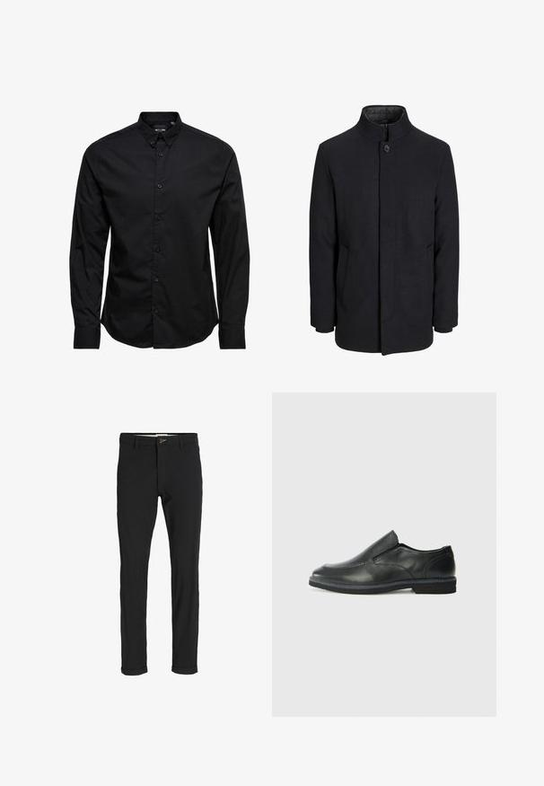 Abrigo de lana negro para hombre con cuello alto, cremallera oculta, cierre de un botón y bolsillos laterales.; Camisa negra de manga larga con botones, hecha de algodón. Presenta un collar clásico, botones en la parte delantera y un dobladillo recto sin patrones ni adornos.; Pantalones de mezcla de algodón negros con corte ajustado, que presentan un cierre de botón, bolsillos y puños enrollados para un acabado casual.; Zapato negro de cuero sin cordones con un upper suave, detalles de costura, punta redonda y un bajo tacón de goma. La suela presenta una tracción mínima.