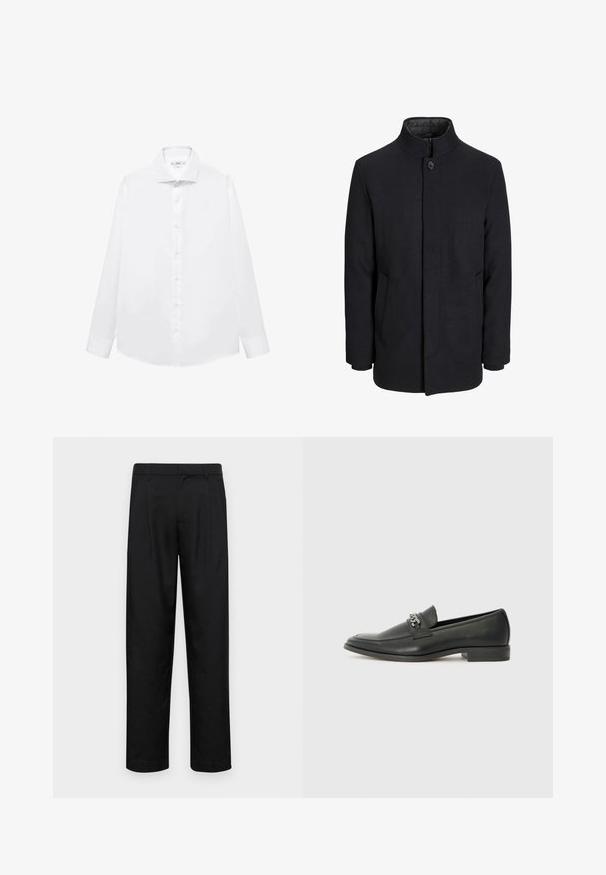 Cappotto da uomo in lana nera con colletto alto, zip nascosta, chiusura a un bottone e tasche laterali.; Camicia bianca a maniche lunghe realizzata in cotone morbido, con colletto a punta, chiusura con bottoni frontale e orlo dritto.; Pantaloni neri realizzati in tessuto liscio, caratterizzati da un taglio dritto, due pieghe frontali e una vita standard con passanti per la cintura.; Mocassino in pelle nera con finitura liscia, caratterizzato da un design cucito e da un accento decorativo in catena metallica sul vamp. Tacco piatto.