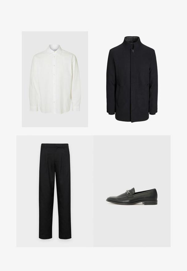 Vīriešu melns vilnas mētelis ar augstu apkakli, slēptu rāvējslēdžu, vienu pogu aizdari un sānu kabatām.; Balta garām piedurknēm krekls, izgatavots no teksturēta auduma, ar pogām aiztaisāmu apkakli un priekšējo plati ar gaišām podziņām. Pieguļoša izgriezums.; Melnas bikses, izgatavotas no gludas auduma, ar taisnu kāju dizainu, divām priekšējām krokām un standarta jostu, kurai ir āķi.; Melna ādas loafer izmēra apavi ar gludu virsmu, piedāvā ar šūtu dizainu un dekoratīvu metāla ķēdes akcentu pār vampu. Plakana papēža daļa.