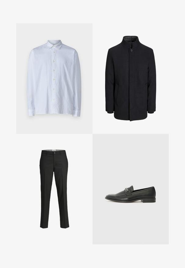 Vyriškas juodas vilnonis paltas su aukštu apykakle, užslėptu užtrauktuku, vienu užsegimu ir šoninėmis kišenėmis.; Balta marškinių palaidinė, pagaminta iš lengvos medžiagos, su smailiu apykakle, ilgomis rankovėmis ir geltonų mygtukų eile priekyje.; Juodos kelnes, pritaikytas siluetas, lygus audinys, vidutinio aukščio liemuo, priekyje su užsegimu, kampinės kišenės ir raukšlės detalės palei kojas.; Juodos odinės loafer tipo bateliai su lygiu paviršiumi, turintys siuvinėtą dizainą ir dekoratyvų metalo grandinėlės akcentą ant batų viršaus. Plokščias kulnas.