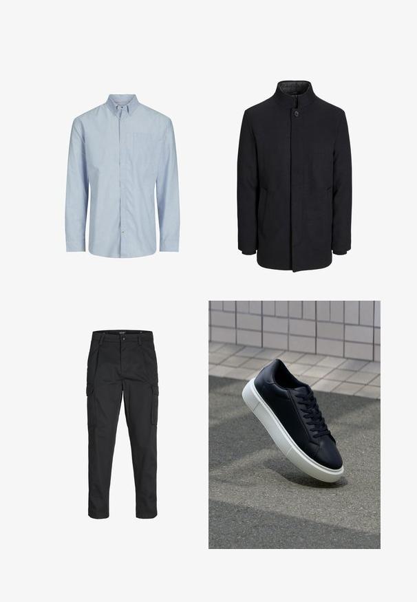 Muški crni vuneni kaput s visokim ovratnikom, skrivenim patentnim zatvaračem, jednim gumbom za zatvaranje i bočnim džepovima.; Prugasta košulja dugih rukava u svijetlop plavoj i bijeloj boji, s kragnom na dugme, džepom na prsima i ravnim krojem. Tkanina mješavina pamuka.; Crne cargo hlače izrađene od čvrstog materijala, s brojnim džepovima, kopčanjem na gumb i dizajnom koji pomaže da se prilagode tijelu sa suženim nogavicama.; Crne kožne tenisice s zaobljenim vrhom i bijelim gumiranim potplatom. Imaju ravne vezice i minimalno šivanje na gornjem dijelu. Teksturirani potplat za bolje prianjanje.