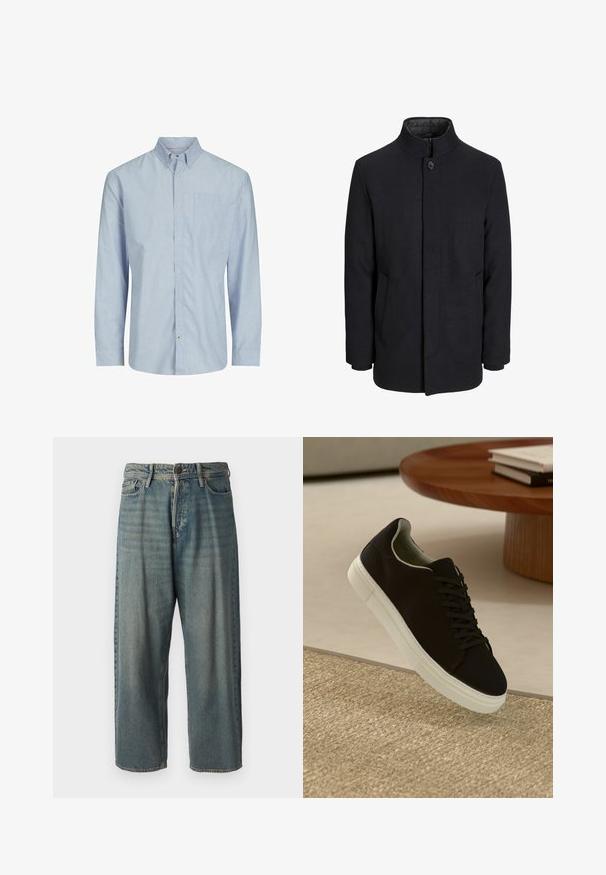Pánsky čierny vlnový kabát s vysokým golierom, skrytým zipsom, jedným gombíkom a bočnými vreckami.; Prúhovaná košeľa s dlhým rukávom v svetlo modrej a bielej farbe, s golierom na zapínanie, vreckom na hrudi a rovnými líniami. Zloženie z bavlny.; Svetlomodré denimové nohavice so voľným strihom, stredne vysokým pásom a rovnými nohavicami. Obsahujú päť vreciek, pútka na opasok a zapínanie na gombík.; Čierna teniska s bielou podrážkou plávajúca nad béžovým textúrovaným kobercom pri okrúhlom drevenom stole s hromadou kníh.