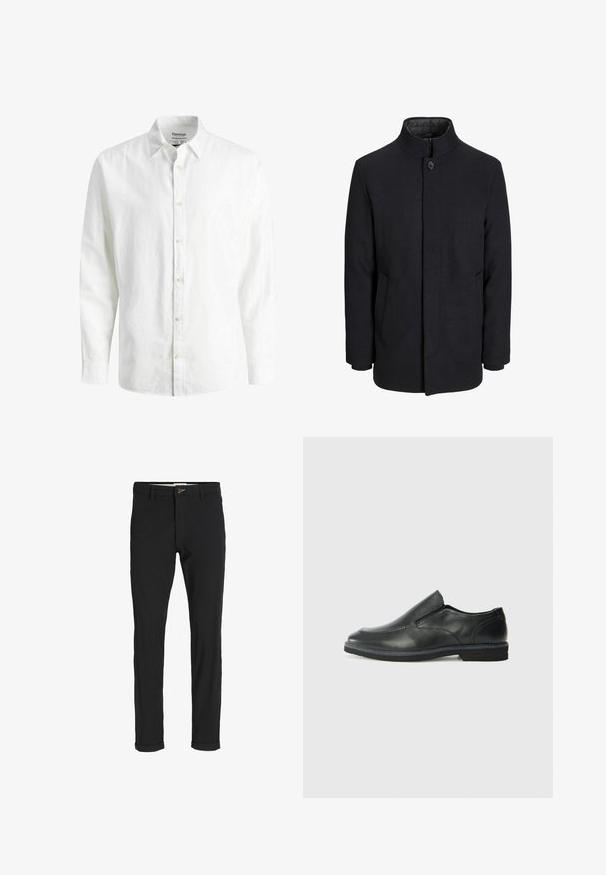 Vīriešu melns vilnas mētelis ar augstu apkakli, slēptu rāvējslēdžu, vienu pogu aizdari un sānu kabatām.; Balta lina krekls ar garām piedurknēm, kam ir pogu apkakle, priekšējās pogas un brīva piegriezuma. Redzama teksturēta auduma virsma.; Melnas kokvilnas maisījuma bikses ar šauru piegriezumu, ar pogu aizdari, kabatām un rullētām piedurknēm ikdienišķam izskatam.; Melnas ādas slip-on kurpes ar gludu augšdaļu, izšūtām akcentiem, noapaļotu purngala daļu un zemu gumijas papēdi. Zole ar minimālu rakstu.