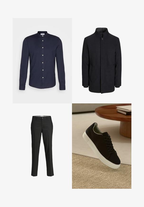 Zwart wollen mannenjas met hoge kraag, verborgen rits, sluiting met één knop en zijzakken.; Marineblauwe overhemd met lange mouwen, met een bandkraag, een knoopsluiting aan de voorkant en manchetten met twee knopen. Gemaakt van een gladde, gestructureerde stof.; Zwarte broek, getailleerde pasvorm, gladde stof, middelhoge taille, sluiting met frontknop, diagonale zakken en plooien langs de benen.; Zwarte sneaker met witte zool die boven een beige gestructureerd tapijt zweeft, nabij een ronde houten tafel met gestapelde boeken.