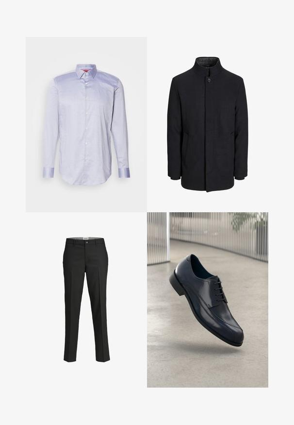 Miestenský čierny vlnený kabát s vysokým golierom, skrytým zipsom, jedným gombíkom na zapínanie a bočnými vreckami.; HUGO KOEY - Kauluspaita - dark blue; Mustat housut, mittatilaustyönä valmistettu, sileä kangas, keski-korkea vyötärö, etunapilla suljettuna, viistot taskut ja taitteet lahkeissa.; Kiiltävä musta nahkakengät nauhoilla, leijuu tasaisella vaaleanharmaalla lattialla ja taustalla on pystysuorat metalliputket.