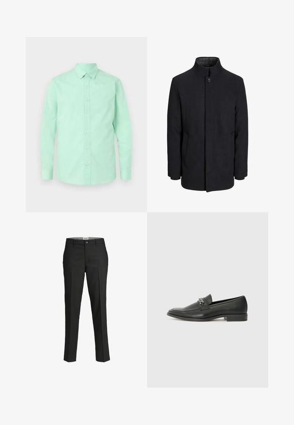 Meeste must villane mantel kõrge kraega, peidetud tõmblukk, ühe nööbiga kinnitamine ja küljetaskud.; Mündroheline nööbiga särk pikkade varrukatega, krae ja esi-nööbiga kinnitusega. Sile tekstuur, ühtlane värv, ilma nähtavate mustrite või aktsentideta.; Mustad püksid, kohandatud lõige, sile kangas, keskmise kõrgusega vöökoht, ees nupuga sulgemine, diagonaalsed taskud ja voldid jalgade all.; Must haveate nahkking punased, millel on sile viimistlus, tikitud muster ja dekoratiivne metallkett vampi üle. Tasane konts.