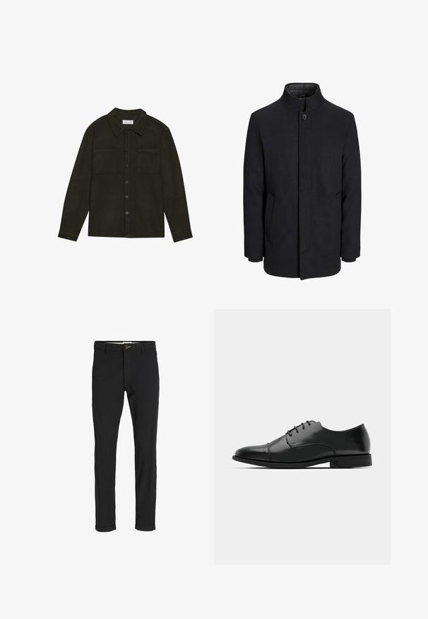 Men's black wool coat with high collar, concealed zipper, single button closure, and side pockets.; Dark green button-up shirt made of textured fabric, featuring a collar, two chest pockets, and long sleeves with button cuffs.; Black cotton blend pants with a slim fit, featuring a button closure, pockets, and rolled cuffs for a casual finish.; Black leather dress shoe with a rounded toe, lace-up design, subtle stitching details, and a low heel. Smooth texture with polished finish.