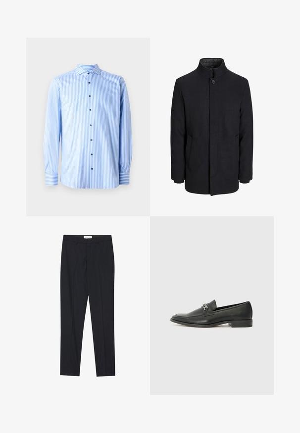 Svart ullrock för män med hög krage, dold dragkedja, singel knappstängning och sidofickor.; Ljusblå skjorta med vita vertikala ränder, långa ärmar och bred krage. Har blå knappar och manschettdetaljer.; Svarta skräddarsydda byxor med slät front, vanlig passform, tillverkade av ett smidigt tyg, med pressade veck och sidofickor.; Svart läderloafers med en slät yta, med en sydd design och en dekorativ metallkedjeaccent över västen. Platt häldesign.