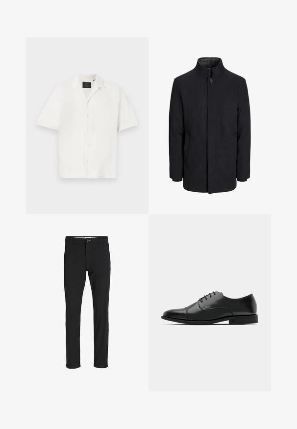 Manteau en laine noir pour homme avec col haut, fermeture éclair dissimulée, fermeture à un bouton et poches latérales.; Chemise blanche à manches courtes avec un tissu texturé, dotée d'un col et d'une fermeture à quatre boutons à l'avant. Design minimal sans motifs supplémentaires.; Pantalons noirs en mélange de coton avec une coupe slim, dotés d'une fermeture à bouton, de poches et de revers pour une finition décontractée.; Chaussure habillée noire en cuir avec un bout rond, un laçage, des détails de couture subtils et un petit talon. Texture lisse avec une finition polie.