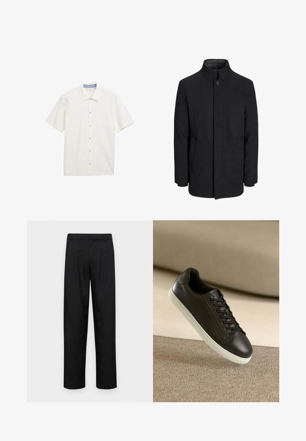 Svart ullrock för män med hög krage, dold dragkedja, singel knappstängning och sidofickor.; Kortärmad skjorta i vitt tyg med ett strukturerat mönster, med spetsig krage och fem beige knappar framtill.; Svarta byxor i slät väv, med rak ben-design, två framfickor och standardmidja med bälteshällor.; Svarta lädersneakers med vit gummisula och svarta snörningar, placerade mot en beige tygyta och bakgrund.