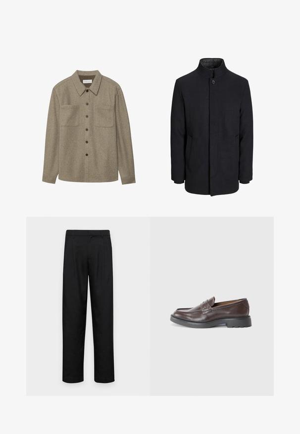 Męski czarny wełniany płaszcz z wysokim kołnierzem, ukrytym zamek błyskawicznym, zapięciem na jeden guzik oraz bocznymi kieszeniami.; Brązowa wełniana koszula z guzikami, z wyłogowym kołnierzykiem, dwiema kieszeniami na piersi i czarnymi guzikami. Gładka tekstura z luźnym fasonem.; Czarne spodnie wykonane z gładkiego materiału, z prostą nogawką, dwoma fałdami z przodu oraz standardowym paskiem z wypustkami na pasek.; Brązowe skórzane loafersy o gładkim wykończeniu, okrągłym nosku, minimalnym przeszyciu i grubym czarnym gumowym spodzie. Brak widocznych elementów metalowych czy akcentów.