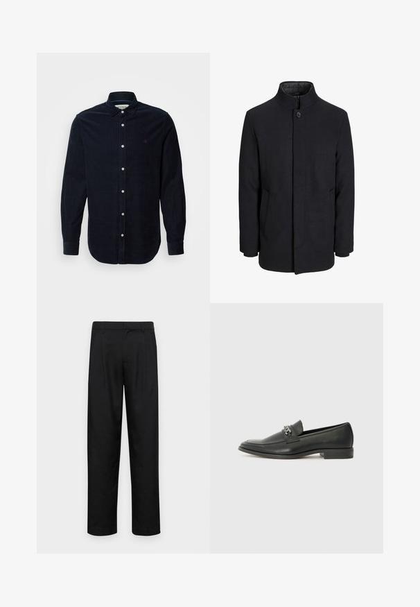 Moška črna volnena jakna z višjim ovratnikom, skritim zadrgo, enojnim gumbom za zapiranje in stranskimi žepi.; Mornarska korduroy srajca z dolgimi rokavi, gumbastim ovratnikom in sprednjim gumbom. Ima majhen vezen logotip na prsih.; Črne hlače iz gladkega materiala, s krojem ravne noge, dvema sprednjima pregiboma in standardnim pasom z zankami za pas.; Črni usnjeni loafer z gladko površino, ki ima šivano zasnovo in dekorativni kovinski verižni naglas preko vampirja. Ravno peto.