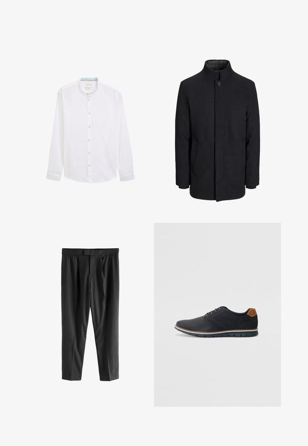 Férfi fekete gyapjú kabát magas gallérral, rejtett cipzárral, egy gombos záródással és oldalzsebekkel.; Fehér, hosszúujjú ing, band gallérral, a gallér belső részén világoskék akcentussal és gombos előlappal.; Next REGULAR FIT -CHECK SMART - Vászonnadrágok - black; Fekete szintetikus cipők, textúrált felsőrésszel, sima díszítésekkel, barna sarkával és kontrasztos talppal. Minimális fűzéssel és varrási részletekkel rendelkezik.