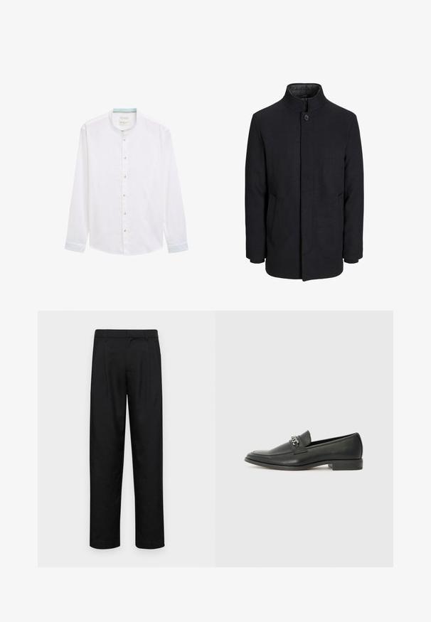 Męski czarny wełniany płaszcz z wysokim kołnierzem, ukrytym zamek błyskawicznym, zapięciem na jeden guzik oraz bocznymi kieszeniami.; Biała koszula z długim rękawem i kołnierzykiem typu band, z jasno niebieskim akcentem wewnątrz kołnierzyka oraz guzicznymi zapięciami z przodu.; Czarne spodnie wykonane z gładkiego materiału, z prostą nogawką, dwoma fałdami z przodu oraz standardowym paskiem z wypustkami na pasek.; Czarne skórzane mokasyny o gładkim wykończeniu, z haftowanym wzorem i dekoracyjnym akcentem z metalowego łańcucha na wierzchu. Płaska pięta.