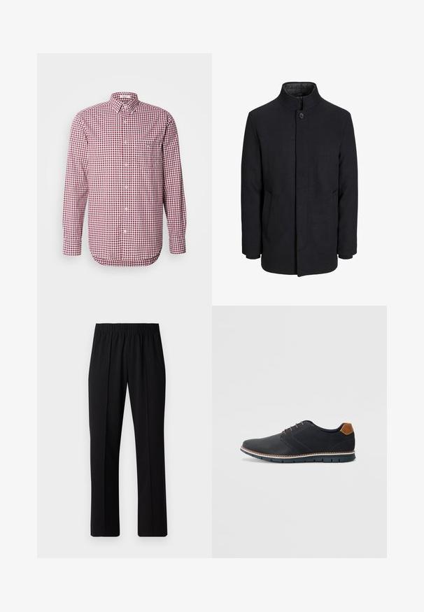 Palton negru din lână pentru bărbați, cu guler înalt, fermoar ascuns, închidere cu un singur buton și buzunare laterale.; Cămașă cu mâneci lungi, în carouri roșii și albe, cu guler și o buzunar pe piept. Confecționată dintr-un material ușor, cu o textură netedă.; Pantaloni negri cu talie elastică, cu un design cu picioare drepte, având o textură netedă și fără modele sau accesorii vizibile.; Pantofi sintetici negri cu un superior texturat, accente netede, toc maro și o talpă contrastantă. Prezintă un șnur minimalist și detalii de cusătură.