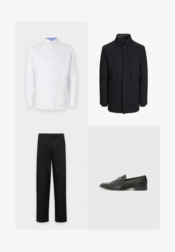 Meeste must villane mantel kõrge kraega, peidetud tõmblukk, ühe nööbiga kinnitamine ja küljetaskud.; Valge pika varrukaga särk, millel on nööbiga esikülg, kaeluses ja mansettides on helesinine ruuduline muster. Sile kangastekstuurne.; Mustad mustadest riietest, millel on sirge jalgade disain, kaks eesmist voltimist ja tavaline vöökoht, millel on vöökohad.; Must haveate nahkking punased, millel on sile viimistlus, tikitud muster ja dekoratiivne metallkett vampi üle. Tasane konts.