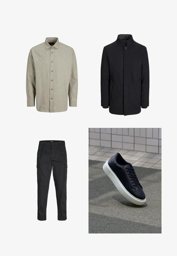 Abrigo de lana negro para hombre con cuello alto, cremallera oculta, cierre de un botón y bolsillos laterales.; Camisa abotonada hecha de tejido liviano, con un patrón de cuadrícula en beige y azul oscuro, con cuello extendido y botones de madera.; Pantalones cargo negros hechos de tela resistente, que cuentan con múltiples bolsillos, un cierre de botón y un diseño de corte slim con piernas ajustadas.; Zapatilla de cuero negro con punta redonda y suela de goma blanca. Presenta cordones planos y un mínimo de costuras en la parte superior. Suela texturizada para proporcionar agarre.