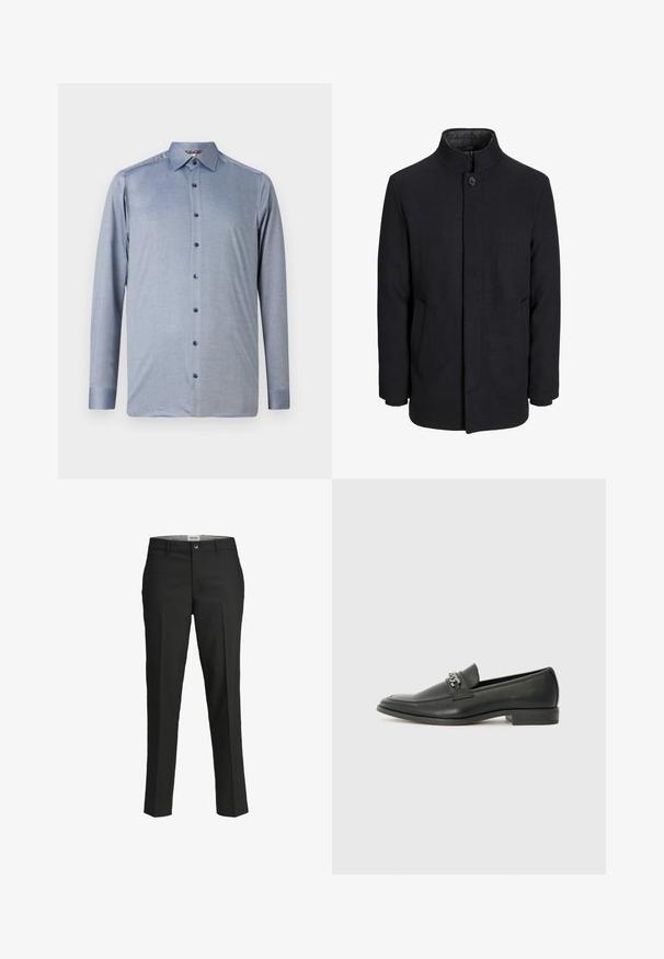 Muški crni vuneni kaput s visokim ovratnikom, skrivenim patentnim zatvaračem, jednim gumbom za zatvaranje i bočnim džepovima.; Košulja dugih rukava s dugim gumbima u svijetloplavoj boji, izrađena od teksturirane tkanine. Ima klasičan ovratnik i tamnoplave gumbe duž prednje strane.; Crne hlače, krojene u prilagodljivom fitu, glatka tkanina, srednji struk, prednje kopčanje na dugme, dijagonalni džepovi i pregibi duž nogu.; Crna kožna loafer cipela s glatkom finišem, s ušivenim uzorkom i dekorativnim metalnim lancem preko prednjeg dijela. Ravni potplat.