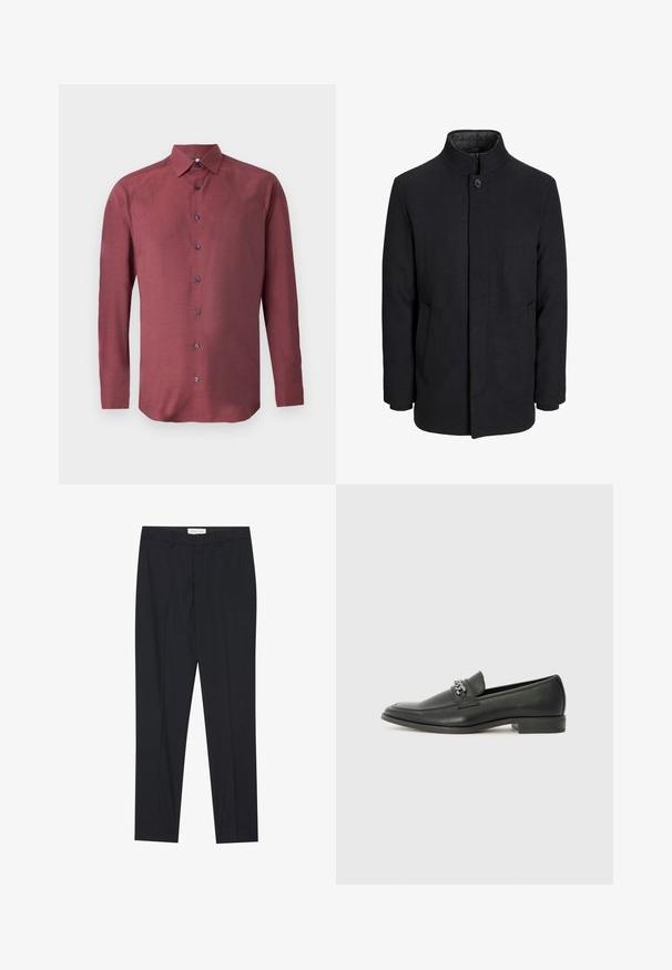 Manteau en laine noir pour homme avec col haut, fermeture éclair dissimulée, fermeture à un bouton et poches latérales.; Chemise à manches longues, boutonnée, en tissu bordeaux avec un motif texturé et des boutons bleu foncé ; elle présente un col pointu et un ourlet droit.; Pantalons noirs ajustés avec un devant plat, coupe régulière, en tissu lisse, avec des plis pressés et des poches latérales.; Mocassin en cuir noir avec une finition lisse, présentant un design cousu et une accent décoratif en chaîne métallique sur le rand. Talon plat.